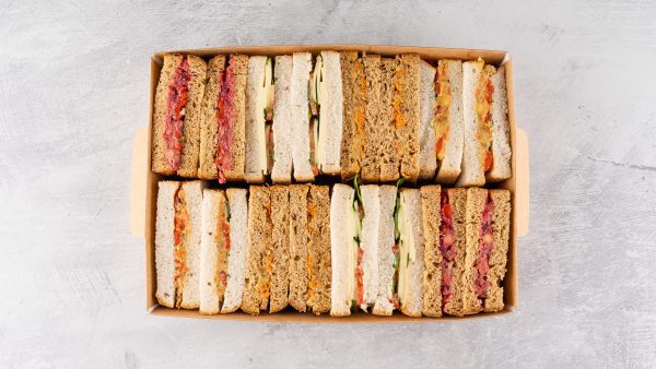 vegan sandwich platter sealed box perfect for upcoming office lunch delivery next day
